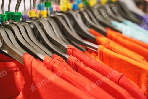 Preview: Clothes market interior. Shop shelf. Stock shirts. Perspective mall hall