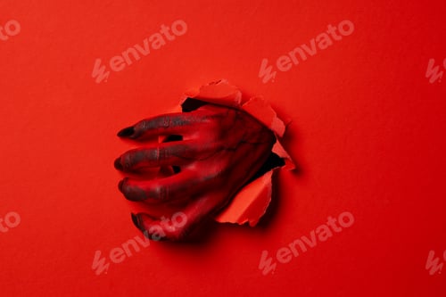 Preview: Red female hand with black nails on red background