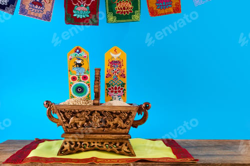 Preview: Losar Tibetan New Year. A Chemar box for Tibetan New Year with roasted barley and barley flour.