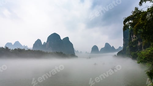 Preview: panoramic view of fog over river near Xingping