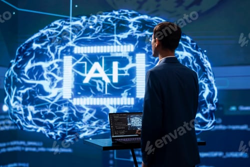 Preview: System administrator in futuristic workspace using artificial intelligence