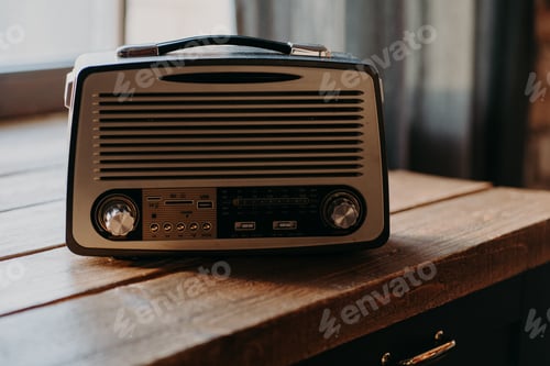 Preview: Radio broadcasting music. Old retro radio in light room on wooden table. Vintage color