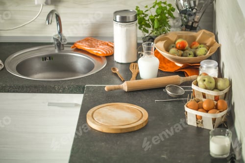 Preview: Baking ingredients on the kitchen table. Top view.