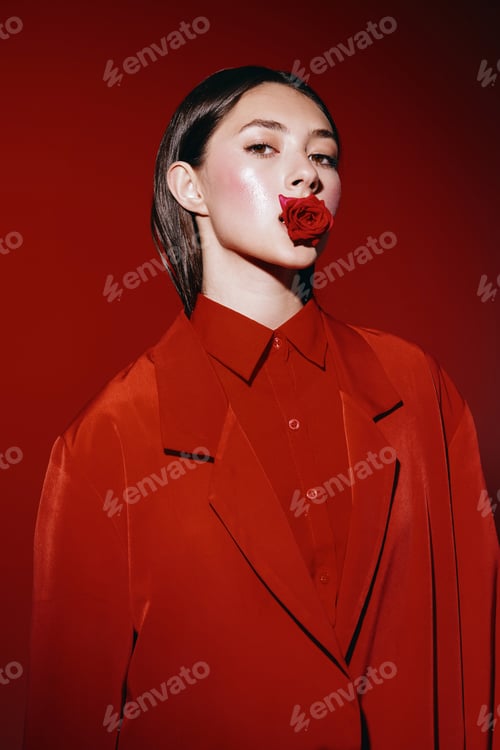 Preview: Elegant Lady with Red Dress: A Sensual Portrait of a Young and Attractive Female Model, Posing with