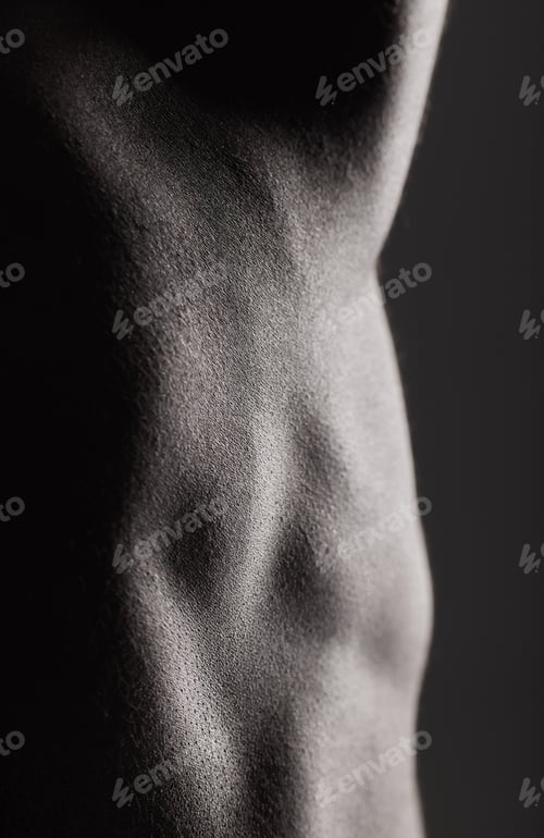 Preview: Fitness, black man and torso and closeup in studio for wellness, stomach and body on dark backgroun