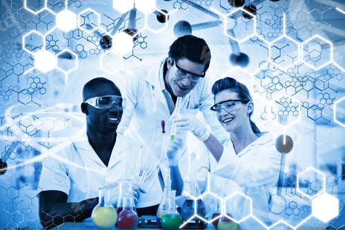 Preview: Science Graphic Against Happy Scientist Examining Test Tube On Digitally Generated Background