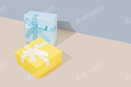Preview: Two gift boxes blue and yellow on a bright background with shadow.