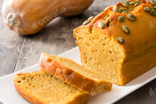 Preview: Sliced pumpkin bread with seeds on white plate and wooden table