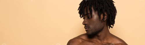 Preview: african american shirtless man isolated on beige, panoramic crop