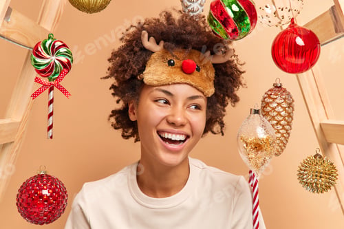 Preview: Happy emotions and festive mood. Positive sincere woman smiles broadly expresses positive emotions w