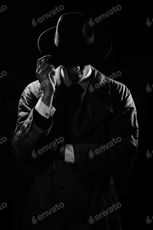 Preview: A dark silhouette of a man in a coat and hat in the noir style.