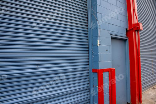 Preview: Bluish-gray metal-slatted building with red details