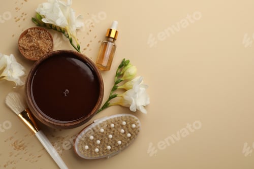 Preview: Flat lay composition with cosmetic product on beige background, space for text. Spa body wraps