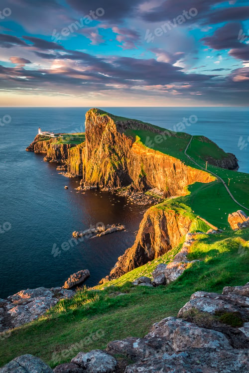 Preview: Beautiful sunset at the Neist point lighthouse, Scotland, UK