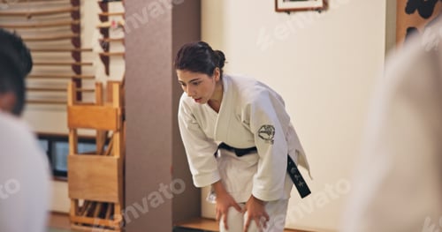 Preview: Martial arts, woman and bow with respect in dojo for honor, self defense training and discipline in