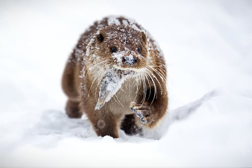 Preview: Closeup of a North American river otter eating fish in a forest covered in the snow in Belarus