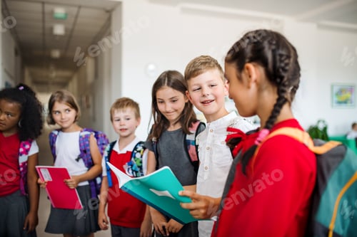 Preview: A group of cheerful small school kids with bags in corridor, talking