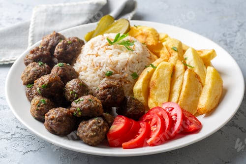 Preview: Meatballs , rice pilav and potatoes are delicious. Turkish name; kofte ve patates kizartmasi