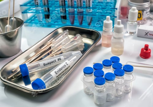 Preview: Hematological analysis with forensic test kit in a murder in a crime lab, conceptual image