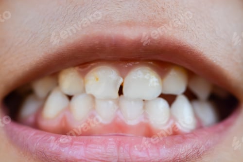 Preview: A zoomed-in image captures the mouths of children with misaligned, fractured teeth and odontolith.