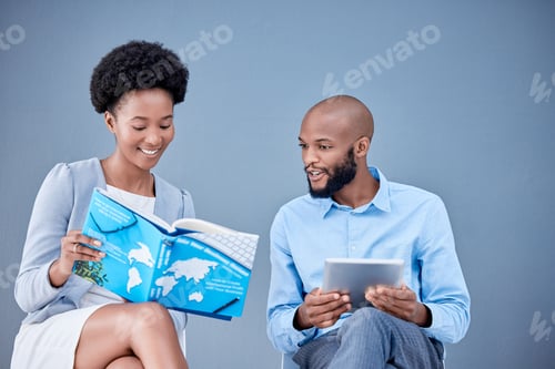Preview: Black people, business and tablet in research with textbook for information or knowledge against a