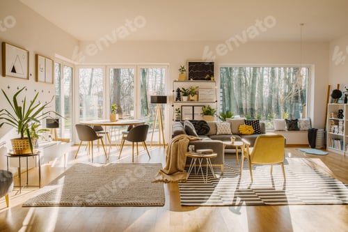 Preview: Spacious and natural living and dining room interior with a cozy