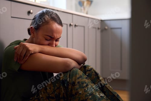 Preview: Depressed Female Soldier In Uniform Suffering With PTSD Sitting On Kitchen Floor On Home Leave