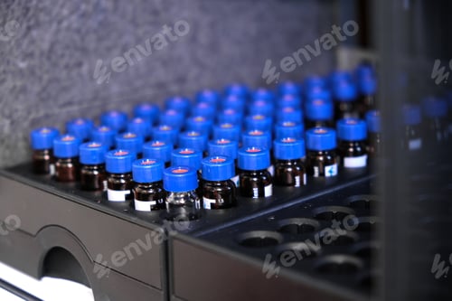 Preview: Glass vials with blue caps are in the rack of HPLC system with autosampler. Separation of compounds