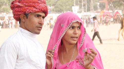 Preview: Closeup of an Indian couple in traditional outfits outdoors.