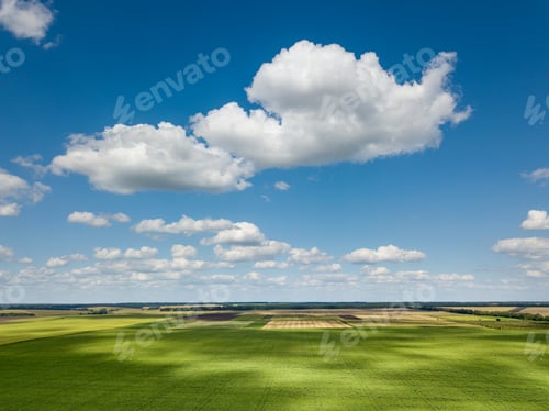 Preview: Beautiful rural lanscape with blue sky and white clouds, agricultural fields, meadows, green trees