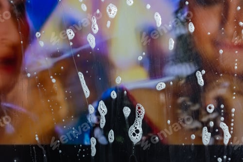 Preview: Background Wet- Raindrop Realistic. Water Splash Shower- Bad Weather. Window- Soap Foam. Rainwater
