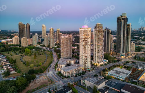 Preview: Aerial City View at Twilight. Burnaby, Vancouver, BC, Canada