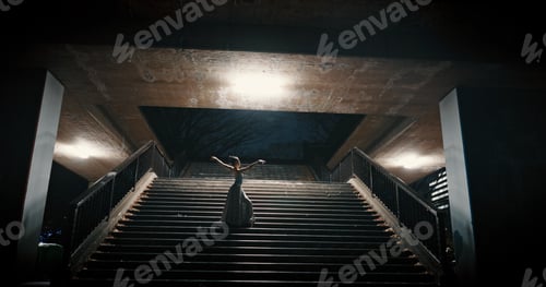 Preview: Ballet dancer, night and woman on stairs, training and artistic with performance, light and talent.