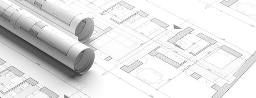 Preview: Residential building blueprint plans, banner. 3d illustration