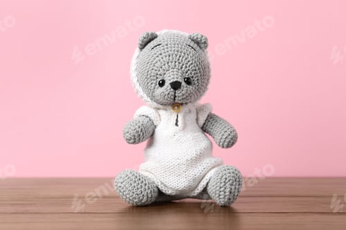Preview: Cute knitted toy bear on wooden table against pink background