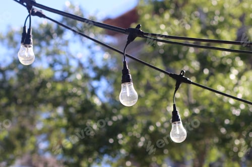 Preview: Selective focus shot of string lights with light bulbs hanging in a city