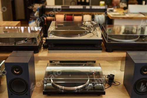Preview: Brand new vinyl record players on display in music store