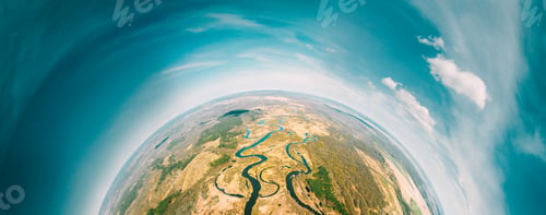 Preview: Aerial View Green Forest Woods And River Landscape In Sunny Spring Day. Top View Of Beautiful