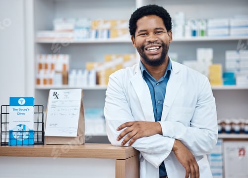 Preview: Pharmacy portrait, medicine pills and happy man in drugs store, pharmaceutical shop or healthcare d