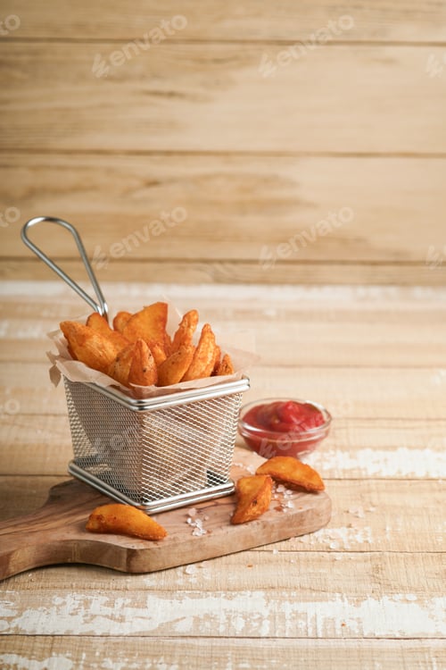 Preview: French fries in metal wire basket with salt and ketchup on old wooden light background clous up. Fri