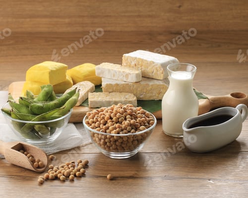 Preview: Soy Product: Raw Tofu, Tempeh, Soy Milk, Soy Sauce, and Soy Bean. Concept of Healthy Vegetarian Food