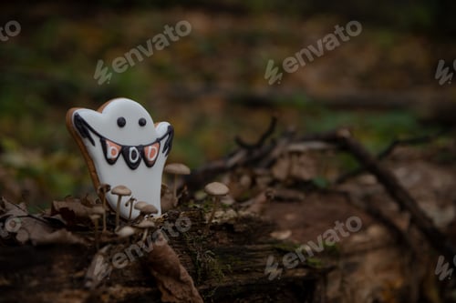 Preview: Halloween ghost cookie on fallen tree