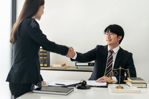 Preview: Male lawyer shaking hands with client after discussing deal of a
