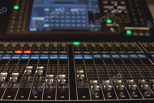 Preview: Digital Audio mixing console. Close-up view of professional equipment for sound mixing. Focus on