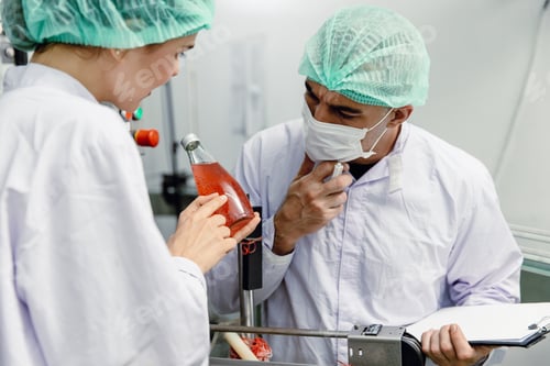 Preview: Specialist working team checking product drink bottle contaminate cleaning quality in factory.