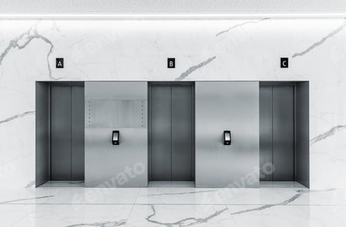 Preview: Modern minimalist business center lobby interior with three closed steel lift doors