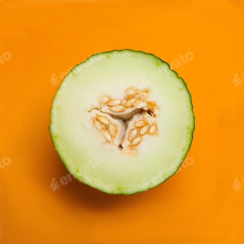 Aperçu: Half of ripe tasty melon on orange background, top view
