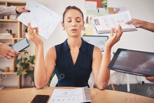 Preview: Business woman, employee and worker doing meditation for peace, doing wellness yoga to relax stress