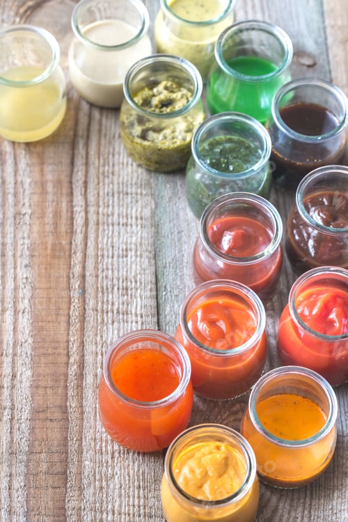 Preview: Assortment of sauces in the glass jars