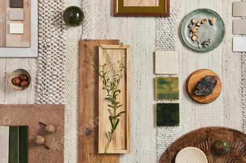 Preview: Flat lay design of creative architect moodboard composition